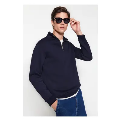 Trendyol Navy Blue Regular/Normal Cut Stand Collar Zippered Cotton Basic Fleece Inside Sweatshir