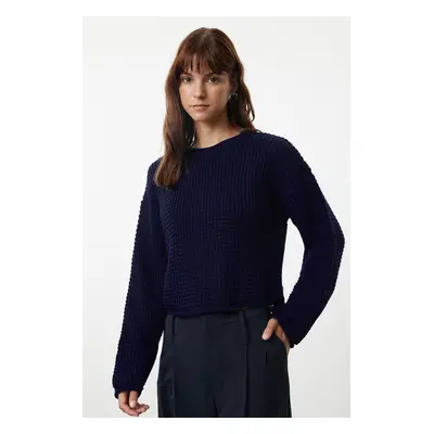 Trendyol Navy Blue Crop Wide Pattern Knitwear Sweater