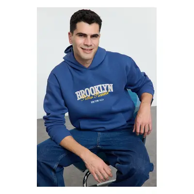 Trendyol Indigo Unisex Oversize/Wide Cut City Printed Fleece Inside Hooded Sweatshirt