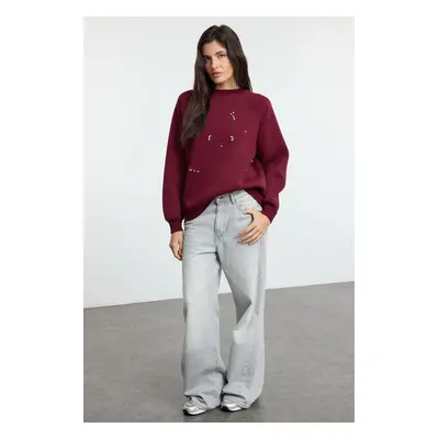 Trendyol Claret Red Stone Detailed Relaxed/Comfortable Pattern Thick Polar Fleece Knitted Sweats