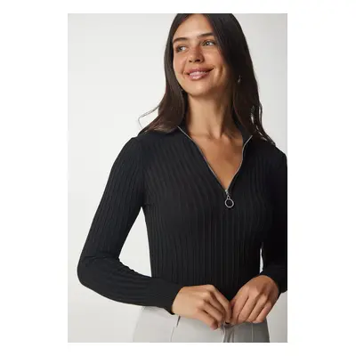 Happiness İstanbul Women's Black Zipper High Neck Ribbed Knitwear Blouse