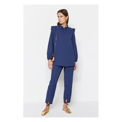 Trendyol Navy Blue Denim Look Tunic-Pants Suit