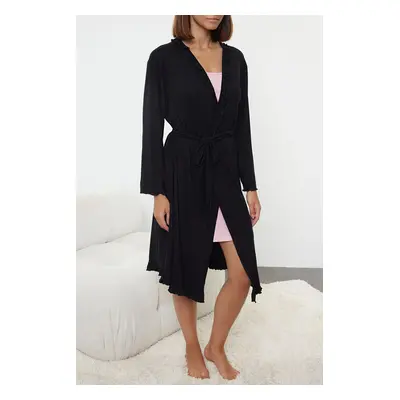 Trendyol Black Belted Ruffle Detailed Knitted Dressing Gown