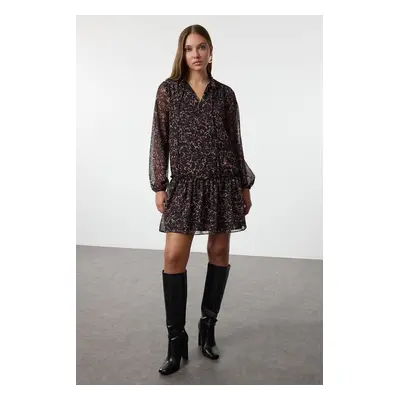 Trendyol Black Floral Patterned Plain Cut Stand Collar Mini Lined Chiffon Woven Winter Dress