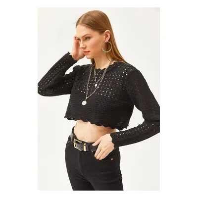 Olalook Women's Black Top Openwork Crop Seasonal Knitwear Blouse