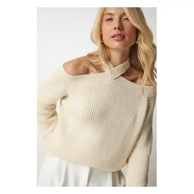 Happiness İstanbul Women's Cream Open Shoulders Knitwear Sweater