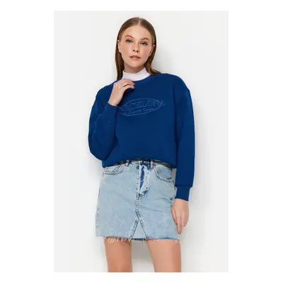 Trendyol Indigo Embroidered Regular Fit Crew Neck Thick Inside Fleece Knitted Sweatshirt