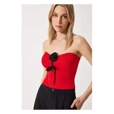 Happiness İstanbul Women's Red Rose Detailed Strapless Blouse