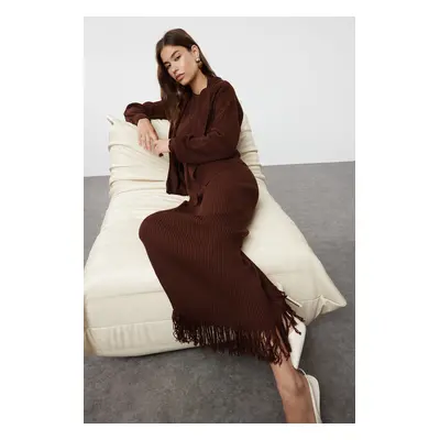 Trendyol Dark Brown Tassel Detailed Knitwear Cardigan Dress Bottom-Top Set