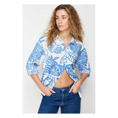 Trendyol Blue Lilium Fabric Patterned Oversize/Wide Fit Woven Shirt