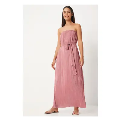 Happiness İstanbul Women's Pink Strapless Belted Pleated Dress