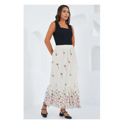 Bigdart Women's Ecru Patterned Chiffon Skirt