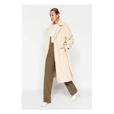 Trendyol Oversized Ecru Oversized Wide-Cut Belted Balloon Sleeve Detail Long Stamped Coat