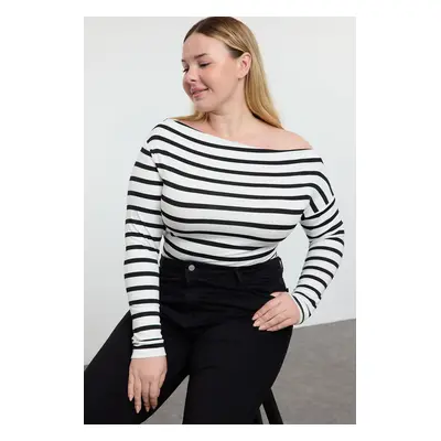 Trendyol Curve Black Striped Premium Soft Fabric Fitted Boat Neck/Madonna Collar Flexible Knitte