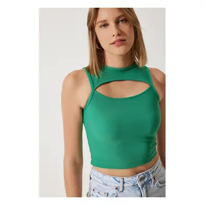 Happiness İstanbul Women's Green Cut Out Detailed Ribbed Crop Knitted Blouse