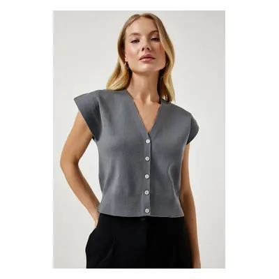 Happiness İstanbul Women's Gray Buttoned Short Knitwear Vest