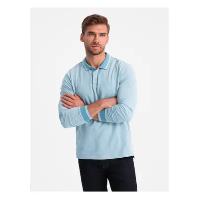 Ombre Men's melange polo longsleeve with embroidery - blue melange