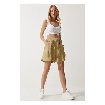 Happiness İstanbul Women's Beige Belted City Length Woven Shorts