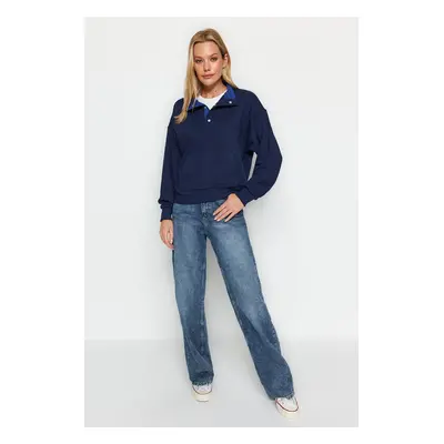 Trendyol Navy Blue Regular/Normal Fit Snap-Stitch Detail High Neck Thick Knitted Sweatshirt