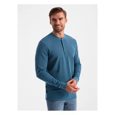 Ombre Men's waffle knit longsleeve fastened at the neck - blue denim