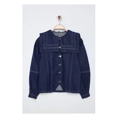 Trendyol Dark Blue Sailor Collar Detail Contrast Stitching Denim Shirt Jacket