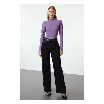 Trendyol Lilac Fitted High Collar Balloon Sleeve Ribbed Stretchy Knitted Blouse