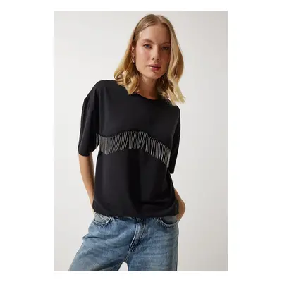 Happiness İstanbul Women's Black Chain Detailed Oversize Knitted T-Shirt