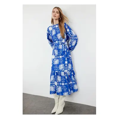 Trendyol Navy Blue Belted Floral Woven Dress