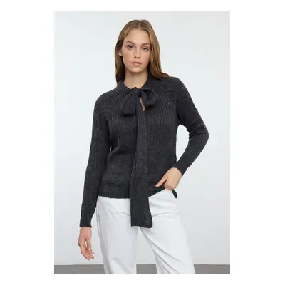 Trendyol Anthracite Soft Texture Ribbon/Bow Loose Knit Sweater