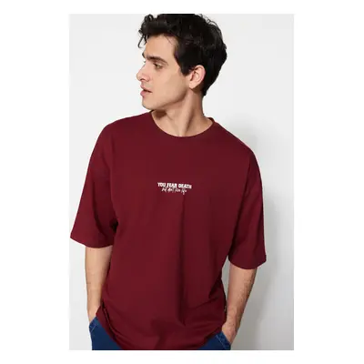 Trendyol Claret Red Oversize/Wide Cut 100% Cotton Minimal Text Printed T-Shirt