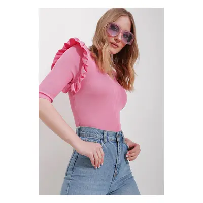 Trend Alaçatı Stili Women's Pink V-Neck Frilly Knitwear Blouse