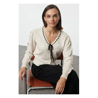 Trendyol Stone Ribbon/Bow Detailed Knitwear Cardigan