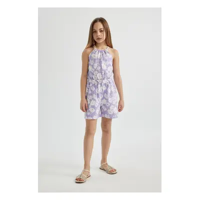 DEFACTO Girls' Strappy Floral Combed Cotton Short Jumpsuit