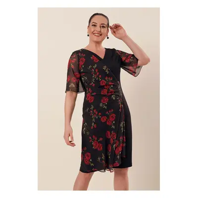 By Saygı V-Neck Lined Rose Vzor Šifónový kámen Detailní Lycra Plus Size Šaty Černá