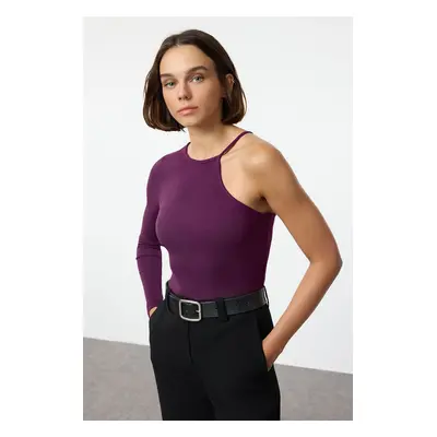 Trendyol Plum Corded Fitted Crew Neck Single Sleeve Stretchy Knitted Blouse