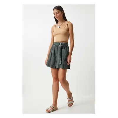 Happiness İstanbul Women's Dark Khaki Belted City Length Woven Shorts