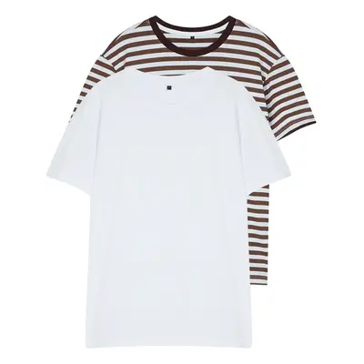 Trendyol White-Brown Striped Regular/Normal Cut 2-Pack Short Sleeve T-Shirt