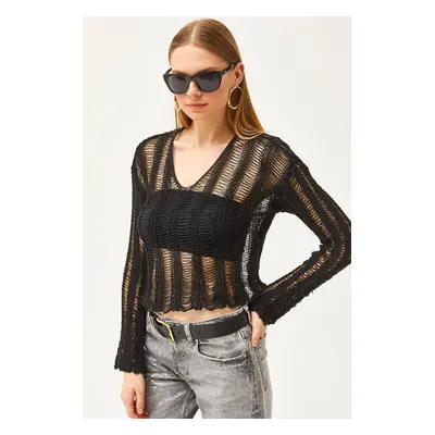 Olalook Women's Black V-Neck Stripe Openwork Seasonal Knitwear Blouse