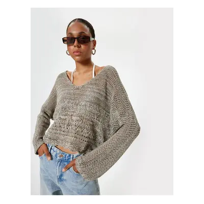 Koton Openwork Sweater V Neck Bell Sleeve Acrylic Blend