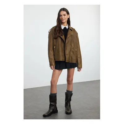 Trendyol Brown Oversized Wash Effect Faux Leather Biker Jacket Coat