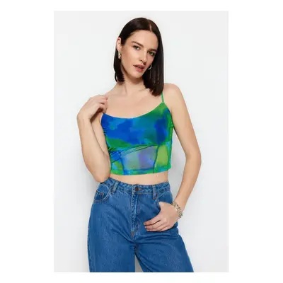 Trendyol Green Patterned Fitted/Simple Crop with Straps and Tulle Stretch Knitted Blouse