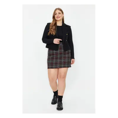 Trendyol Curve Black Plaid / Checkered Pencil Tweed Woven Plus Size Skirt