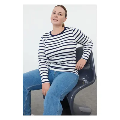 Trendyol Curve Navy Blue Striped Premium Viscose Soft Fabric Fitted Flexible Knitted Plus Size B