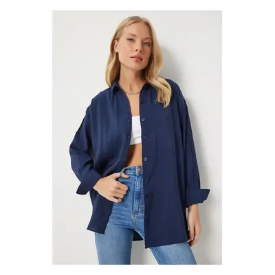 Happiness İstanbul Women's Navy Blue Oversize Long Linen Ayrobin Shirt