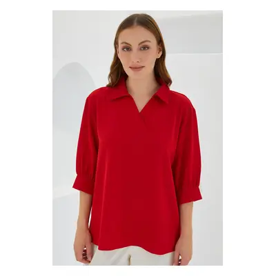 Bigdart Women's Red Shirt Collar Satin Blouse