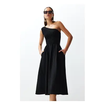 Trendyol Black Waist Opening Top Size Gipeli One Shoulder Midi Woven Dress