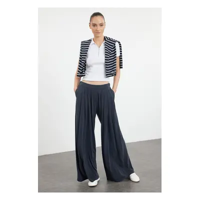 Trendyol Anthracite Pleated Wide Leg Stretch Knit Trousers