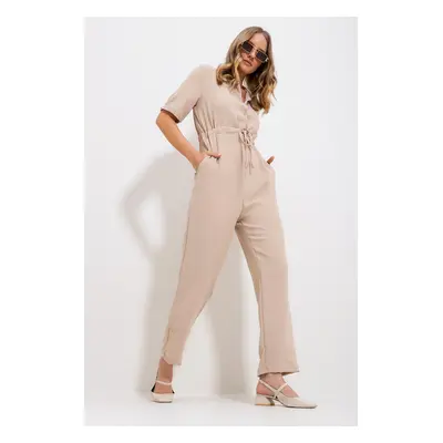 Trend Alaçatı Stili Women's Beige Shirt Collar Hidden Double Pocket Tie Waist Woven Jumpsuit