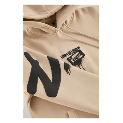 Trendyol Beige Regular/Normal Cut Back Printed Hooded Polar Fleece/Warm Sweatshirt