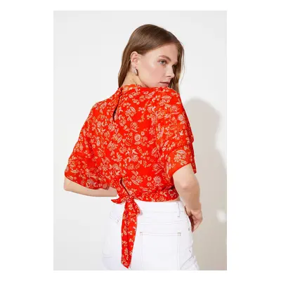 Trendyol Multi Color Crop Back Detail High Neck Chiffon Woven Blouse